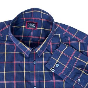 UNTUCKit Men's Size-XL Button Up Long Sleeve Shirt Navy Red Tartan Wrinkle Free